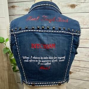 RTB Real Tough B itch Embroidered Denim Vest SMALL Embellished Bitchism